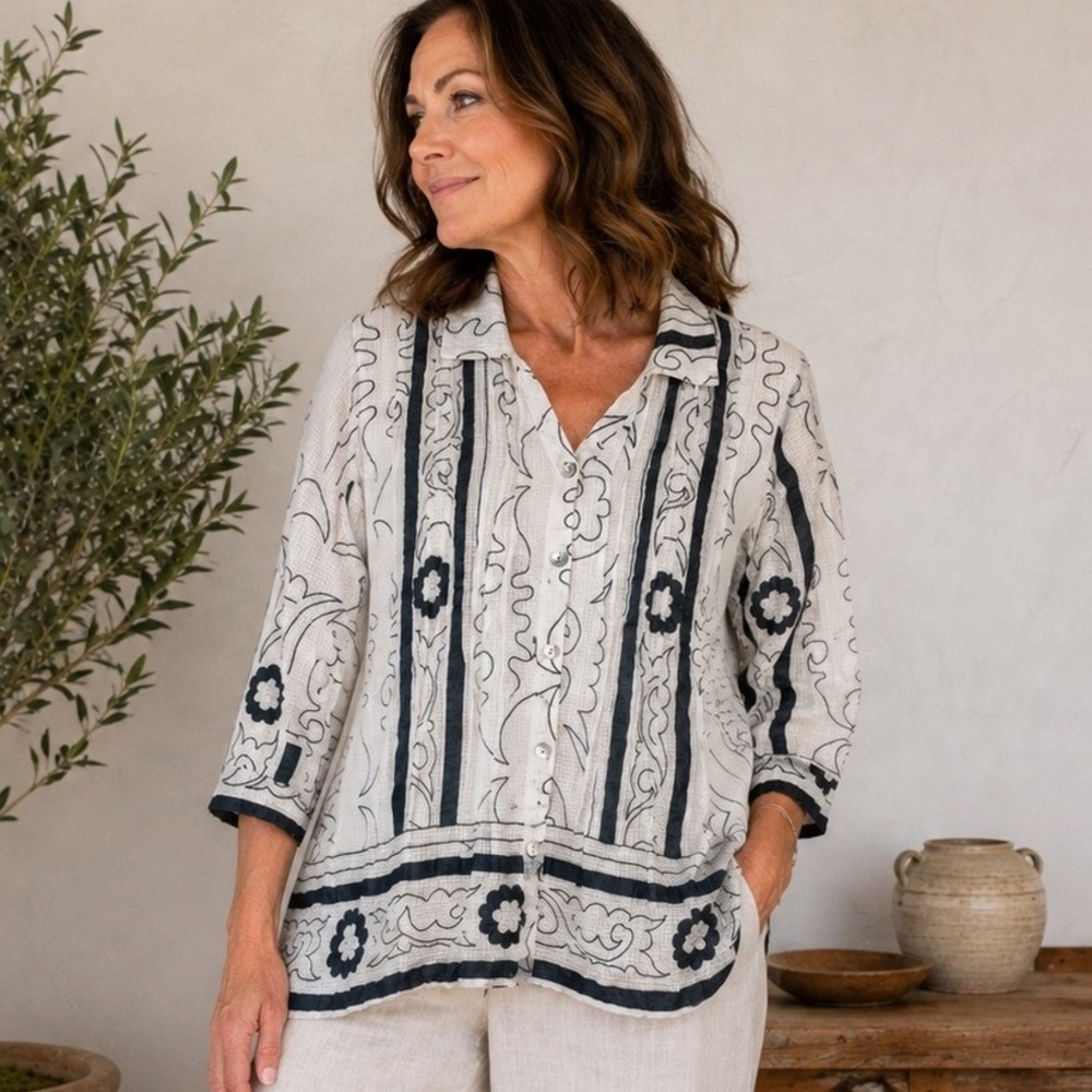Parsley & Sage XL White Gray Textured Cotton Button Front Artsy Boho Tunic Top